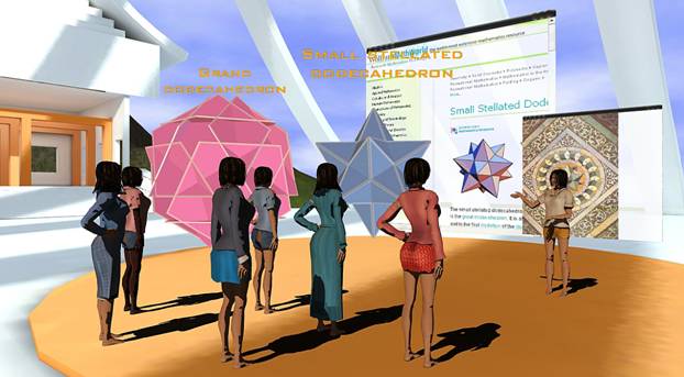 Interacting with a complex 3D object, a dodecahedron, in the context of a geometry lesson within a virtual world