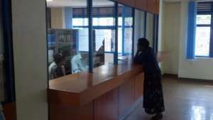 Service counter at the University Library at Kigali Independent University in Rwanda.  Students aren't allowed to browse the library stacks.