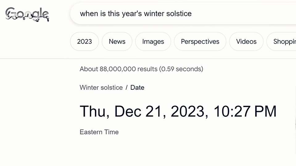 Google screenshot: Winter solstice is on Thursday Dec 21, 2023